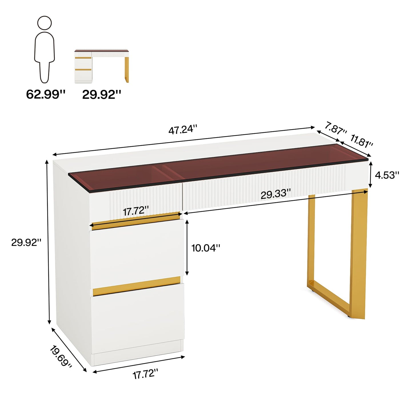 LITTLE TREE Computer Desk with 4 Drawers, 47 Inch Modern Home Office Desk with Glass Top, White and Gold Writing Workstation Desk with Storage
