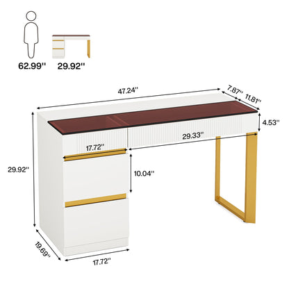 LITTLE TREE Computer Desk with 4 Drawers, 47 Inch Modern Home Office Desk with Glass Top, White and Gold Writing Workstation Desk with Storage