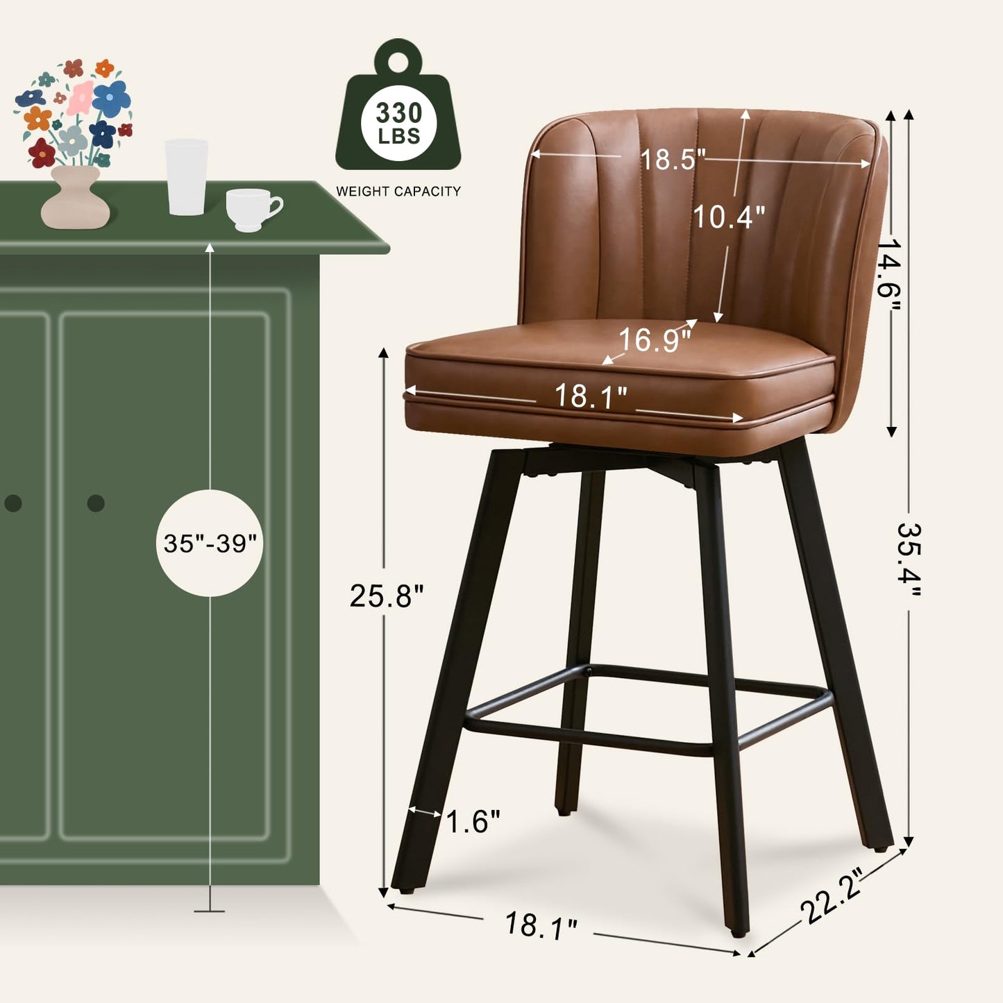 SAECKBERG Swivel Counter Height Bar Stools Set of 4, 26'' Modern Barstools with Backs and Metal Legs, Upholstered Bar Chairs, Faux Leather Dark Brown Stools for Kitchen Island Chairs