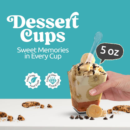 Sammray 100 Pack 5 oz Dessert Cups with Lids and Spoons – Plastic Parfait Cups for Appetizer and Desserts be it, Mousse, Tiramisu, Pudding, or salads - Perfect for Parties