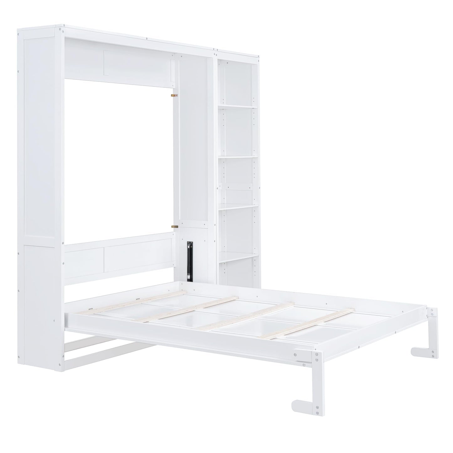 GDFStudio Veatch Wooden Frame Queen Size Bed, Queen Size Murphy Bed with Shelves, Folding Wall Beds with 5 Storage Cabinets, Space Saving, Folded into Cabinet for Guest Room Living Bedroom, White