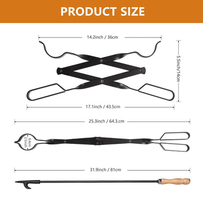 Heavy Duty 32” Long Fireplace Fire Pit Campfire Poker Stick and 26” Fireplace Tongs Tool Sets, Log Grabber, Rust Resistant Black Finish Camping Fireplace Tools for Indoor/Outdoor