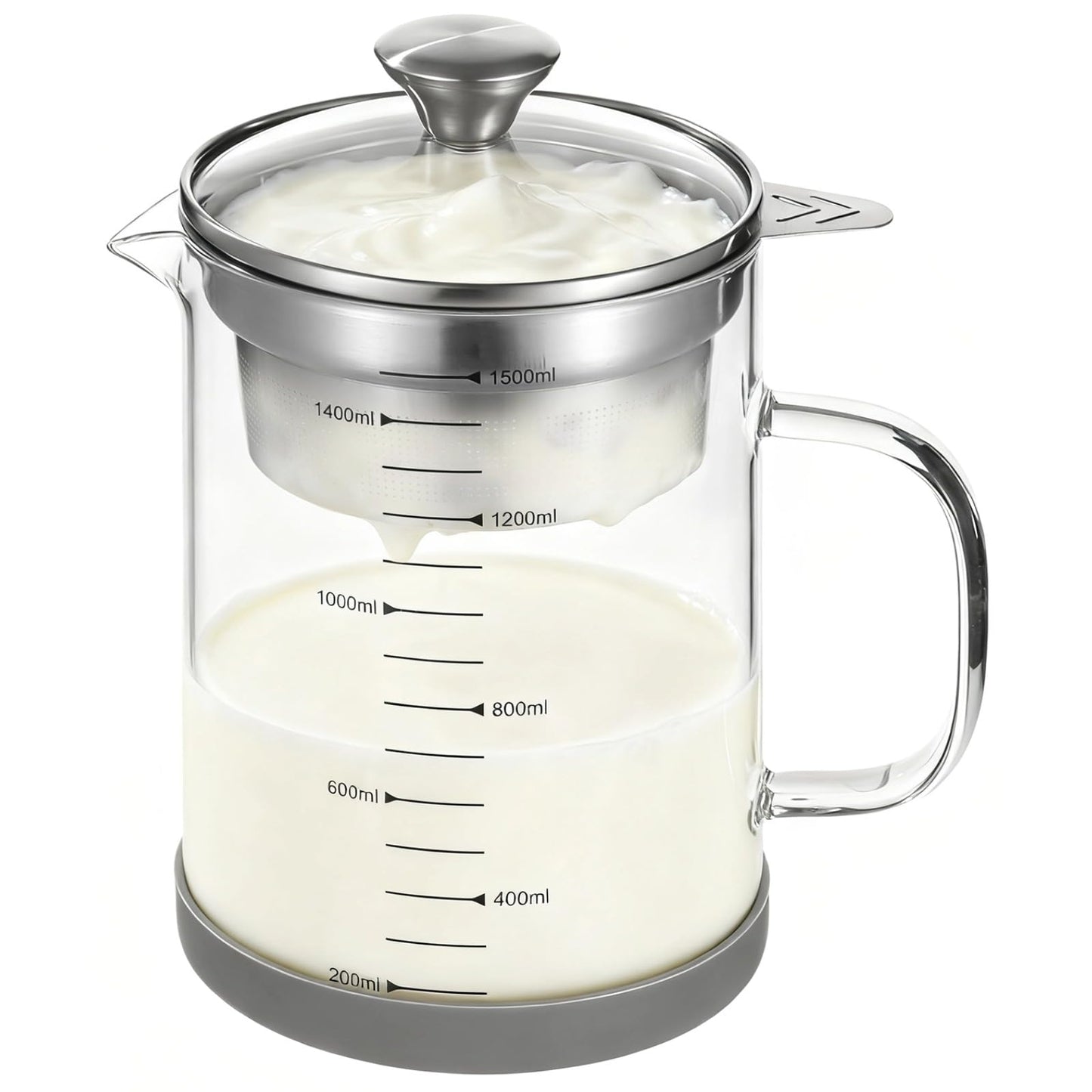 Greek Yogurt Strainer, 50 oz Nut Milk Strainer, Juice Food Strainer, Glass Teapot with Mesh Strainer, Iced Tea Pitcher, 1500 ml Heat & Cold Resistant High Borosilicate Glass Jug with Handle and Lid