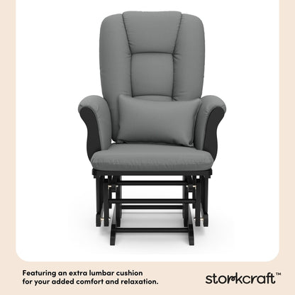 Storkcraft Tuscany Glider with Ottoman (Black/Gray) — GREENGUARD Gold Certified, Bonus Lumbar Cushion Included, Solid Wood Base, Smooth Motion, Award-Winning Nursery Rocking Chair, Glider and Ottoman