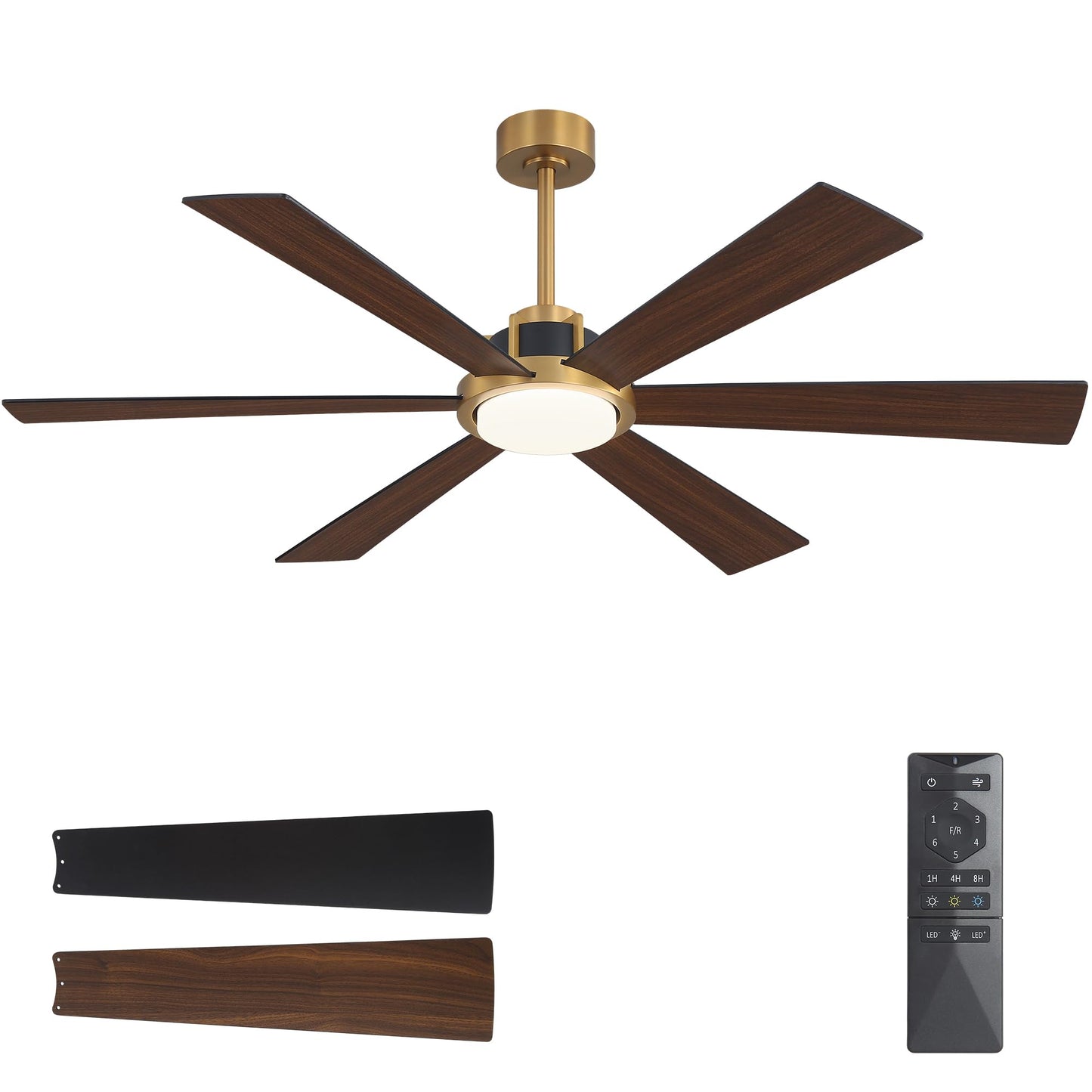 WINGBO 60 Inch Ceiling Fan with Light - 6 Plywood Blades, 6-Speed Reversible DC Motor, Noiseless Remote Control Ceiling Fans with Lights for Bedroom Living Room Kitchen, Gold and Walnut/Black