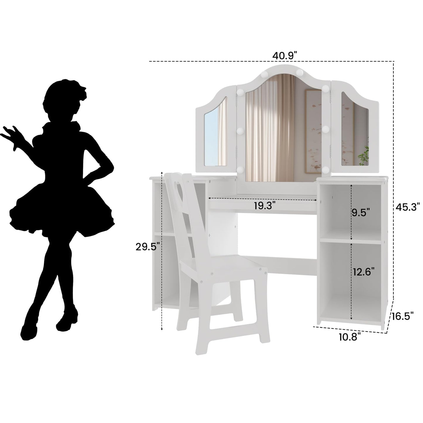 Garvee Kids Vanity Table, Princess Makeup Desk & Chair Set Withtouch Light Detachable Tri-Folding Mirror, Open Storage Shelves, Wooden Girls Vanity Dressing Table, Pretend Play Vanity Set for Toddler