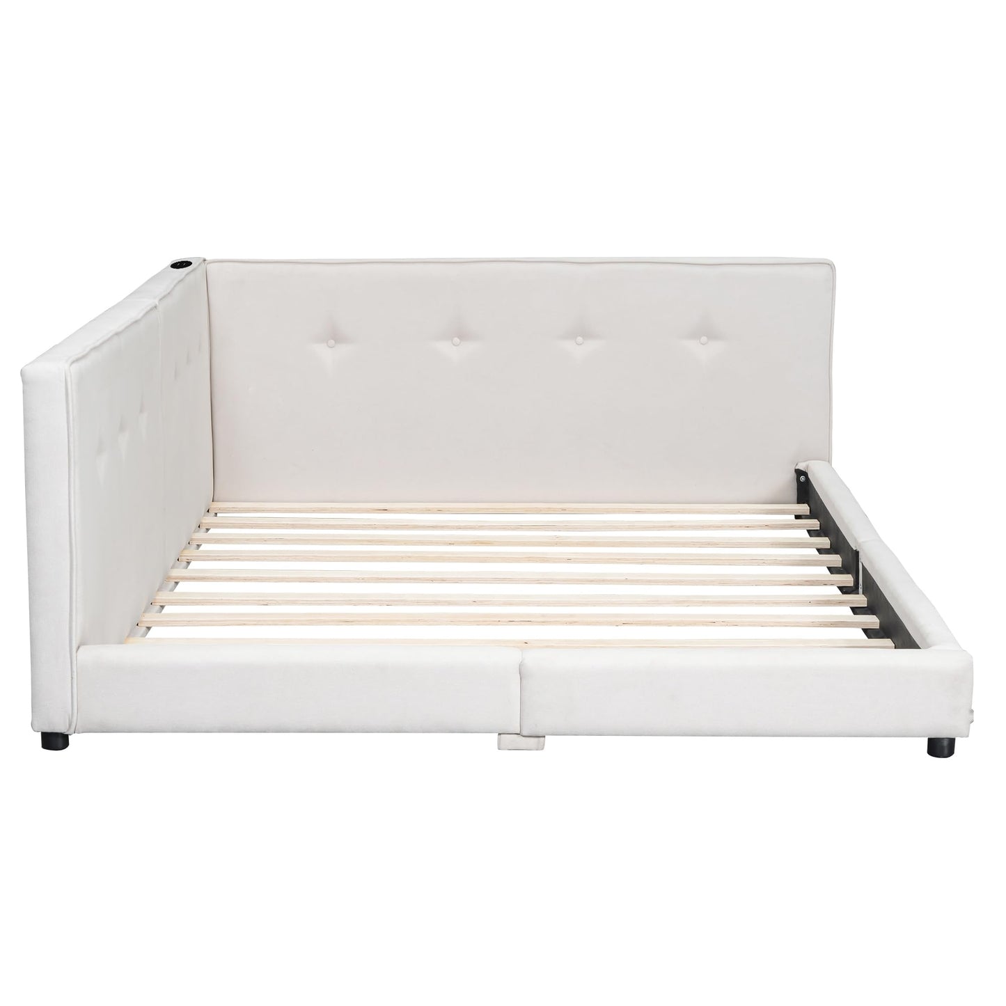 Merax Queen Size Modern Upholstered Platform Bed with USB Ports, Floor Daybed with Wood Slat Support/Queen,Beige