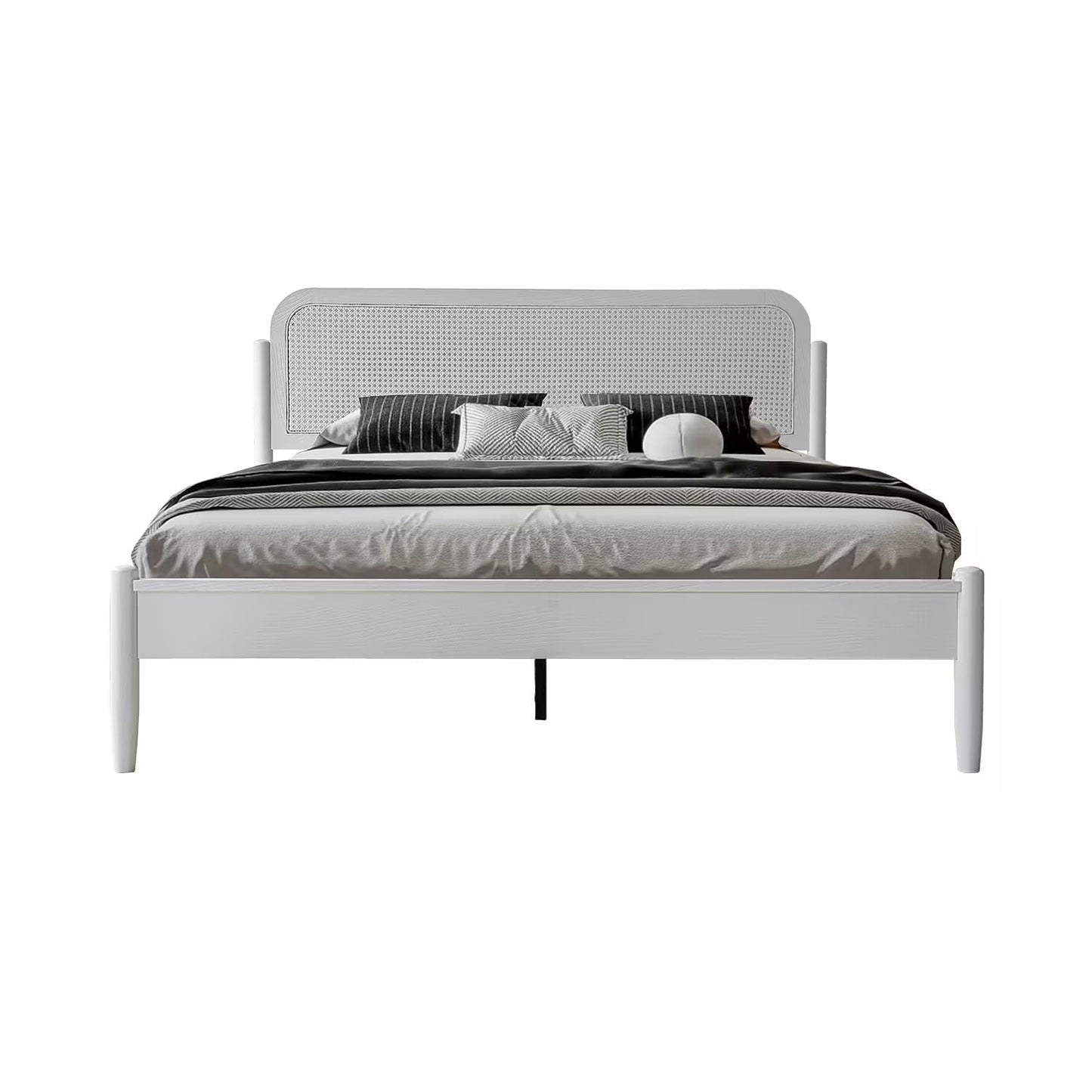 King Size Frame Solid Wood Platform Bed, Headboard & Footboard, 12 Durable Slatted Base, Metal Legs, No Box Spring Needed, Anti-Slip & Noise-Free, Easy Assembly, Pure White Finish JMK-39