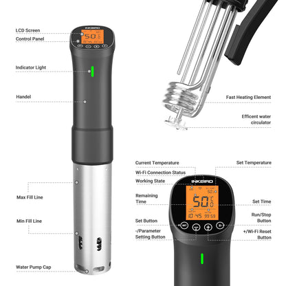 INKBIRD 2.4G Wifi Sous Vide Cooker ISV-200W, 1000W Sous Vide Machine, Remote Control Immersion Circulator with APP Recipes Timer Alarm Mobile Notification 3D Water Heating Ultra-Quiet