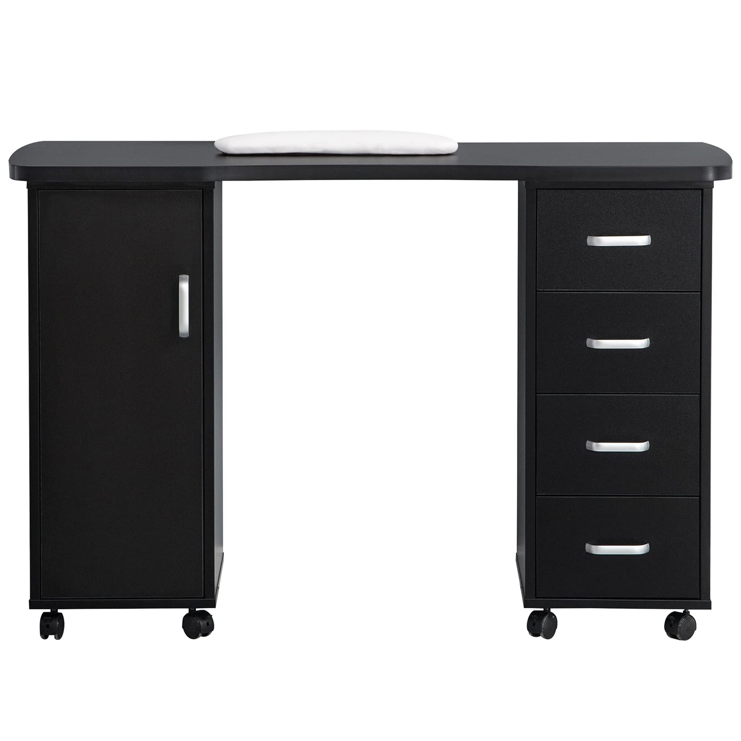 BarberPub Manicure Table, Acetone Resistant Nail Desk, Nail Table with 4 Drawers, 2 Cabinet, Lockable Wheels, Wrist Pad, Nail Desk for Nail Tech, Beauty Salon Black 0611