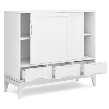 SIMPLIHOME Harper Medium Storage Cabinet - 48 inch Wide Solid Hardwood Sliding Door Cabinet in White, Mid-Century Modern Cupboard for Living Room or Entryway with 3 Drawers and Tapered Legs