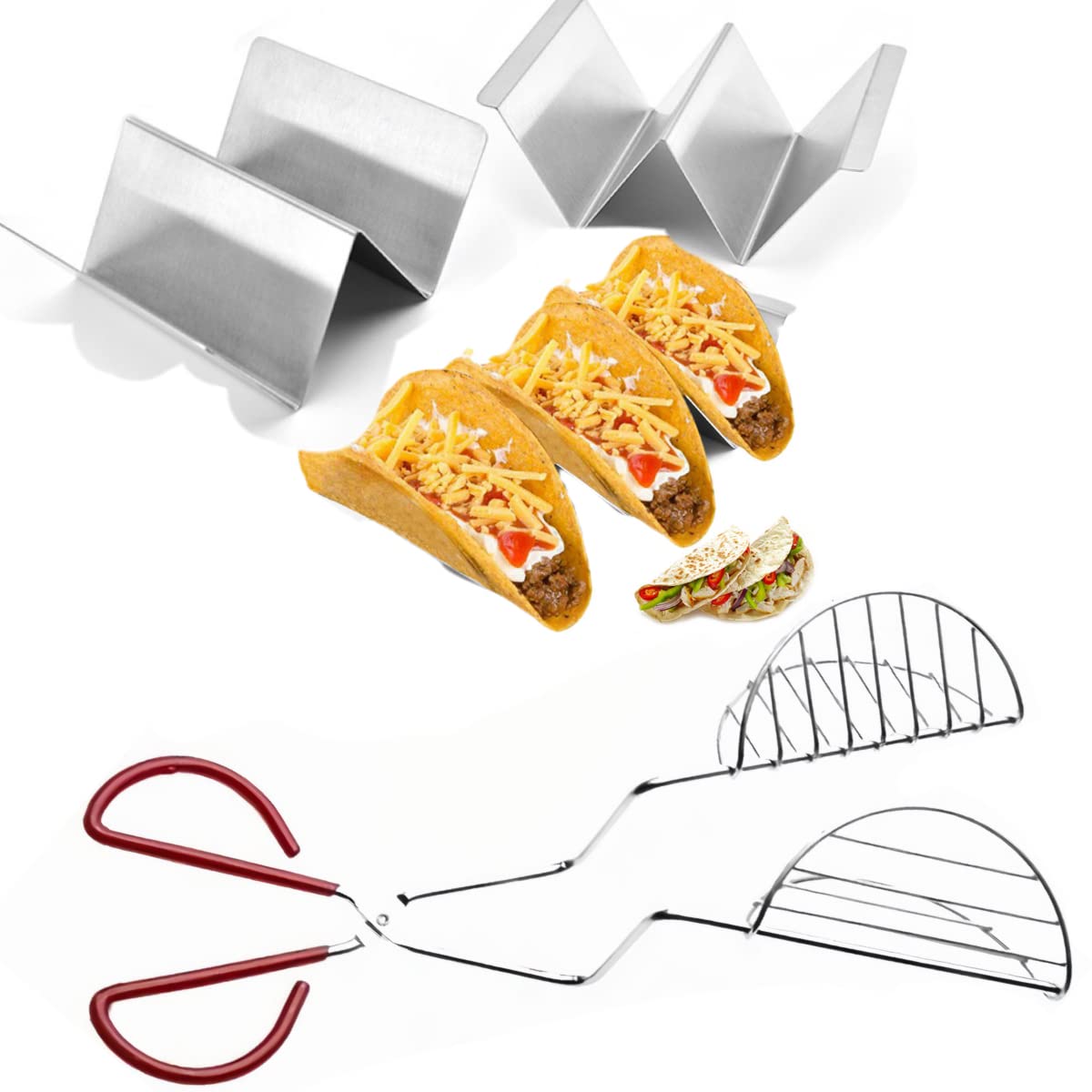 Taco Shell Maker Press Tortilla Fryer Tongs with 3pack Taco Holder Set,Make Homemade Stand-Up Taco Easy,Each Metal Taco Stands Hold 3 Tacos