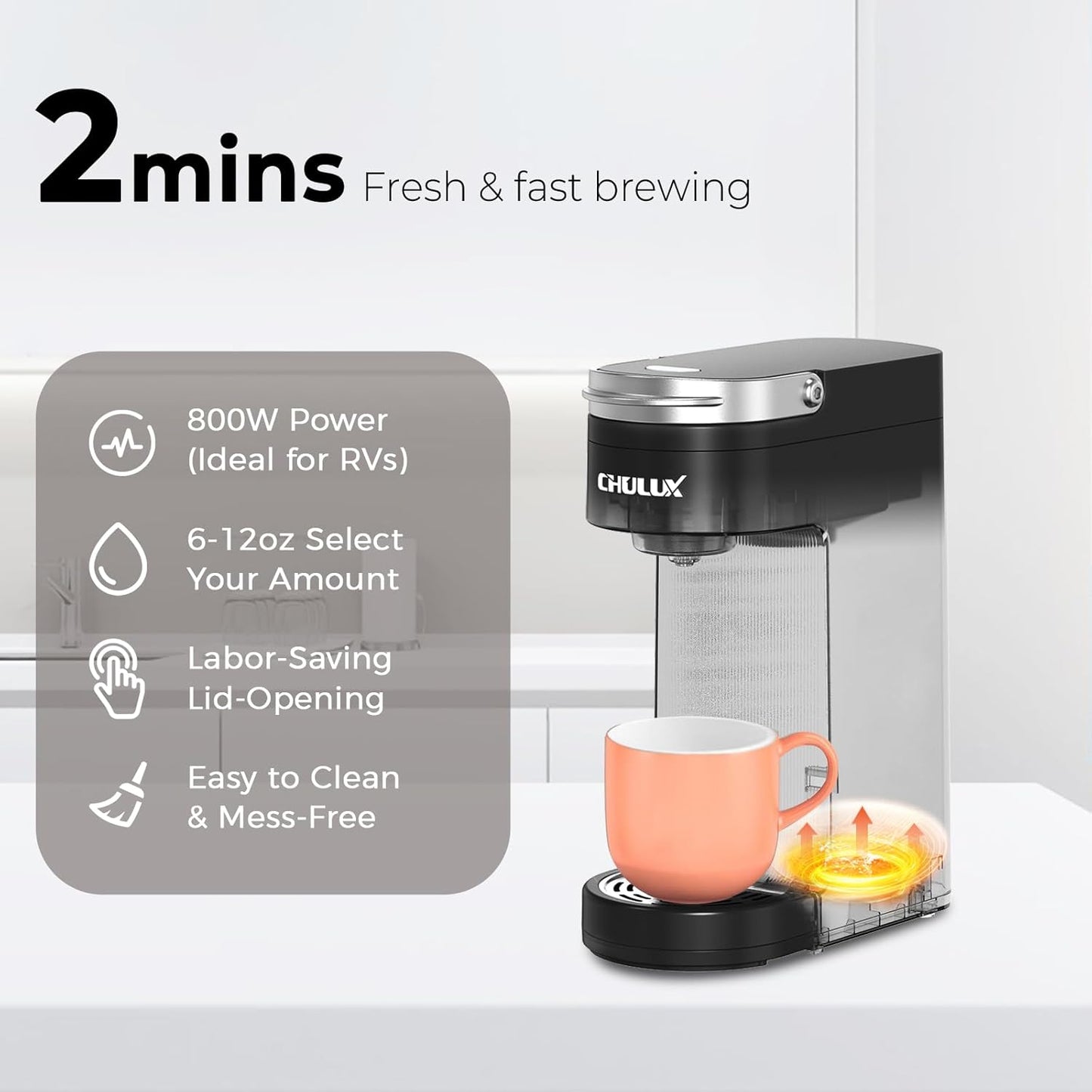 7.3" 6 12oz CHULUX Slim Single Serve Coffee Maker for K Pods, One Cup Coffee Maker Fits Travel Mugs, Coffee Machine