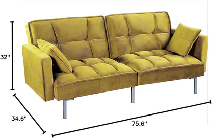 Container Furniture Direct Regal 75.6" Velvet Convertible Sofa Bed - Mid-Century Sleeper Couch w/Tufted Design & Metal Legs - Pull-Out Futon for Guests/Home (75.6"W x 34.6"D x 32"H), Greenish Yellow