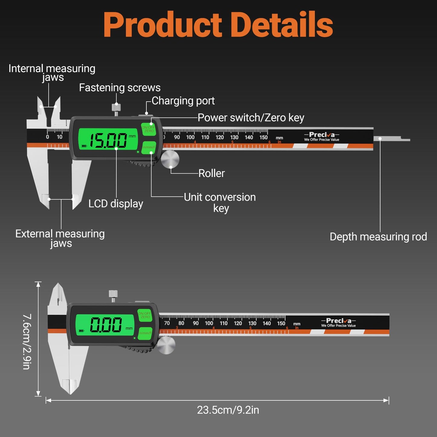 Digital Caliper, Type-C Rechargeable Stainless Steel Vernier Caliper, F/MM/in Conversion, Large LCD, USB Charging Digital Caliper Measuring Caliper for DIY, Woodworking & Professional Use (Black)
