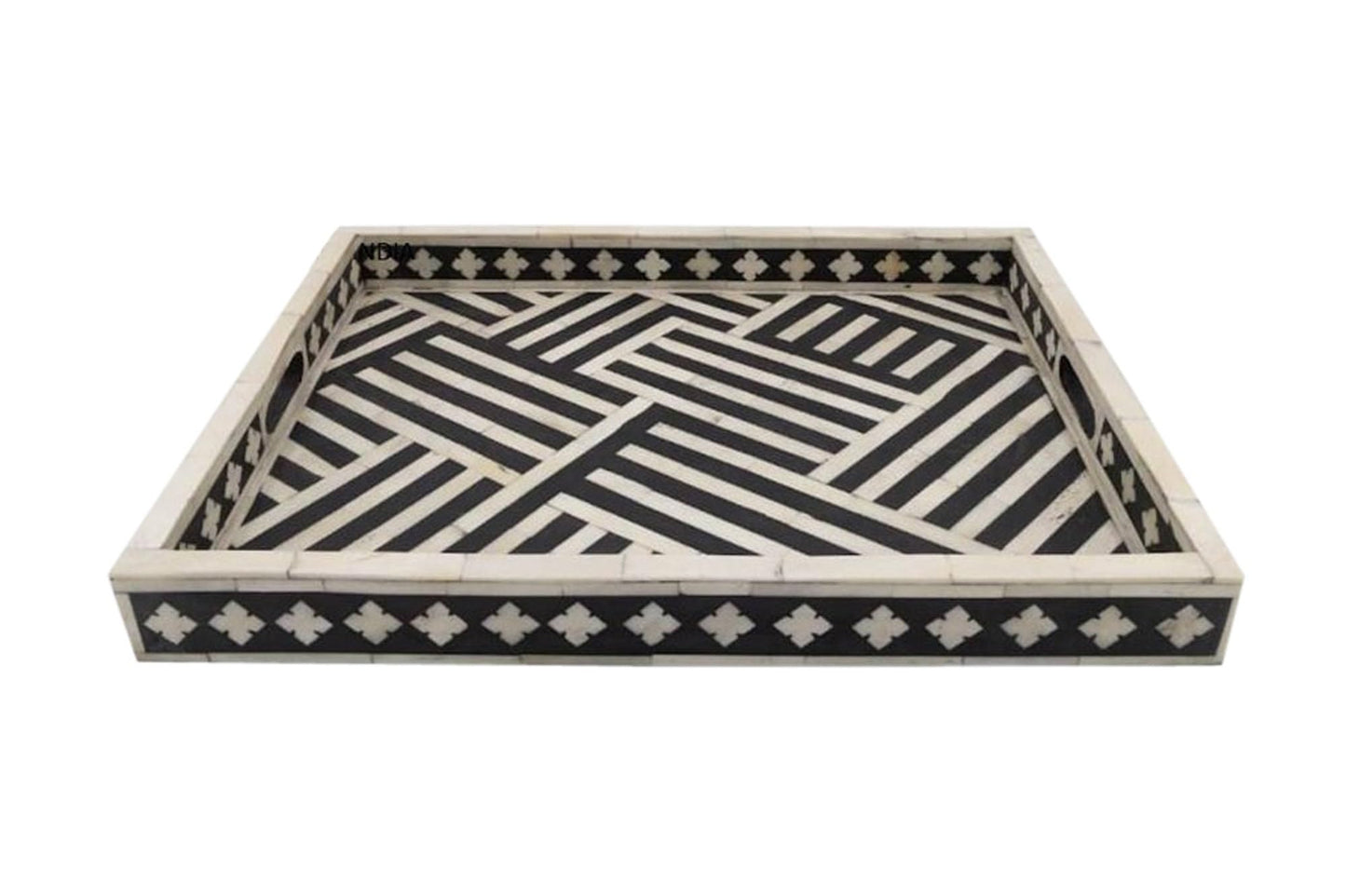 Hansa Industries Handmade Bone Inlay Serving Tray Rectanglular Geometrical Pattern Decorative Coffee Tray Platter Table Decor