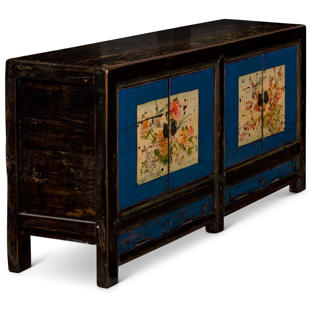 ChinaFurnitureOnline Hand Painted Flower Motif Distressed Mongolian Elmwood Cabinet