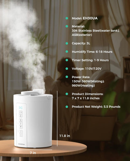 3L Stainless Steel Humidifier for Bedroom, Warm Mist Humidifiers Easy Clean, Steam Humidifier for Living Room, Whisper-Quiet and Filterless, with Sleep Mode and Timer, Auto-off Setting