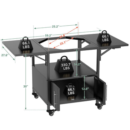 Heavy Duty Outdoor Grill Table for Dual Big Green Eggs, 304 Stainless Steel Prep Station with Storage Cabinet, 4 Swivel Wheels, Foldable Side Shelves, Fits Kamado Joe 18" & Ceramic Grills, M