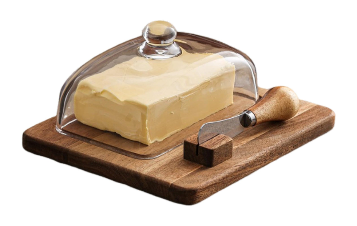 Acacia Wood Butter Dish with Knife and Glass Cover for Cheese, Butter, Cake, Dessert Serving Tray Elegant Kitchenware (1 knife)