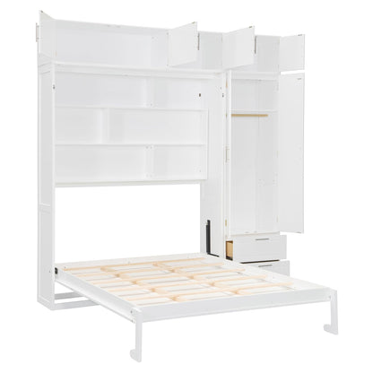 Merax Queen Size Murphy Bed with Top Cabinet, Shelves and Wardrobe, Fold into The Wall, Space-Saving Design, Multifunctional Foldable Platform Bed Frame for Bedroom, Guest Room, Home Office, White