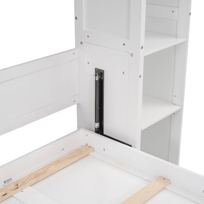 Ball & Cast Full Size Murphy Bed Wall Bed with Shelves and LED Lights,can be Folded,Hideaway Cabinet Frame W/ 2 Five-Layer Cabinets,Slat Support,No Box Spring Needed,for Apartment,Bedroom,White