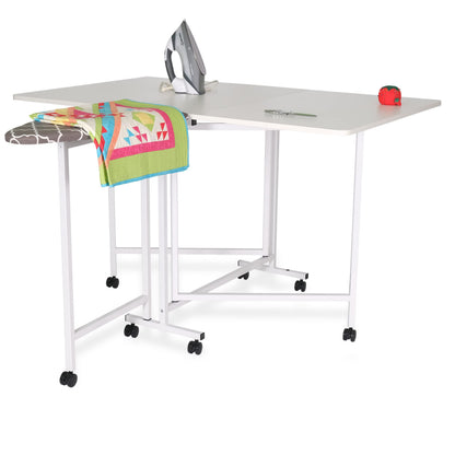 Arrow Millie Folding Cutting Table with Ironing Board – Sewing & Craft Workstation with Storage Shelves