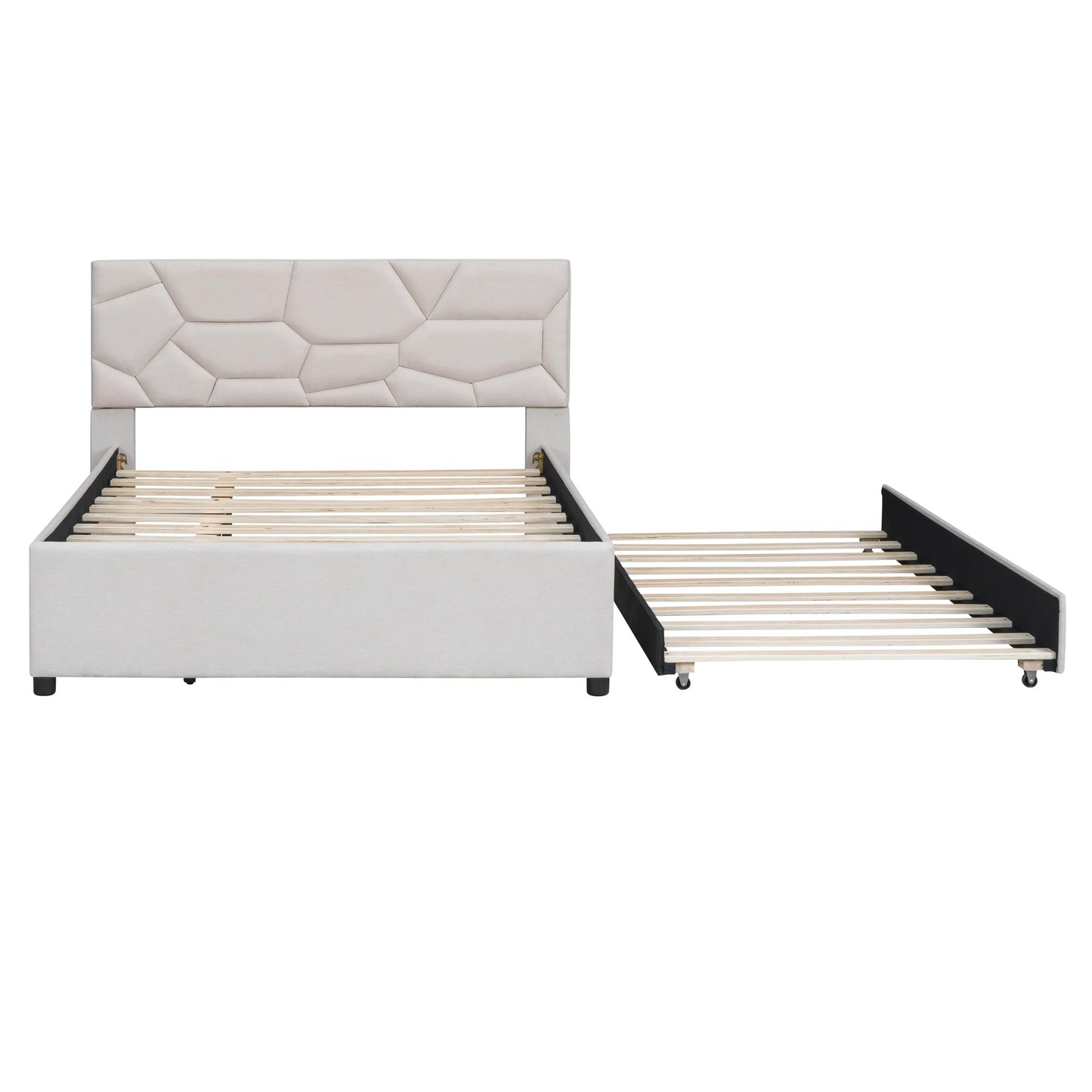 Brisca Full Size Linen Upholstered Platform Bed with Brick Pattern Headboard and Twin Size Trundle,Bed Frame W/ 10 Wooden Slats & 4 Supporting Legs,for Bedroom,Apartment,Guest Room,Beige