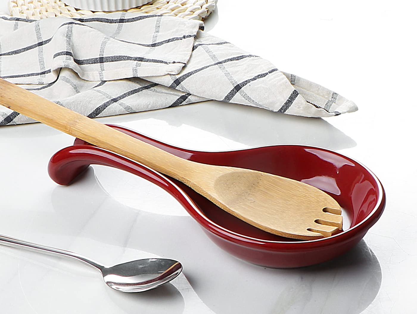 ONEMORE Ceramic Spoon Rest for Stove Top - Extra Wide Heat-Resistant Ladle Holder for Kitchen Counter Utensils/Tools - Large, Red