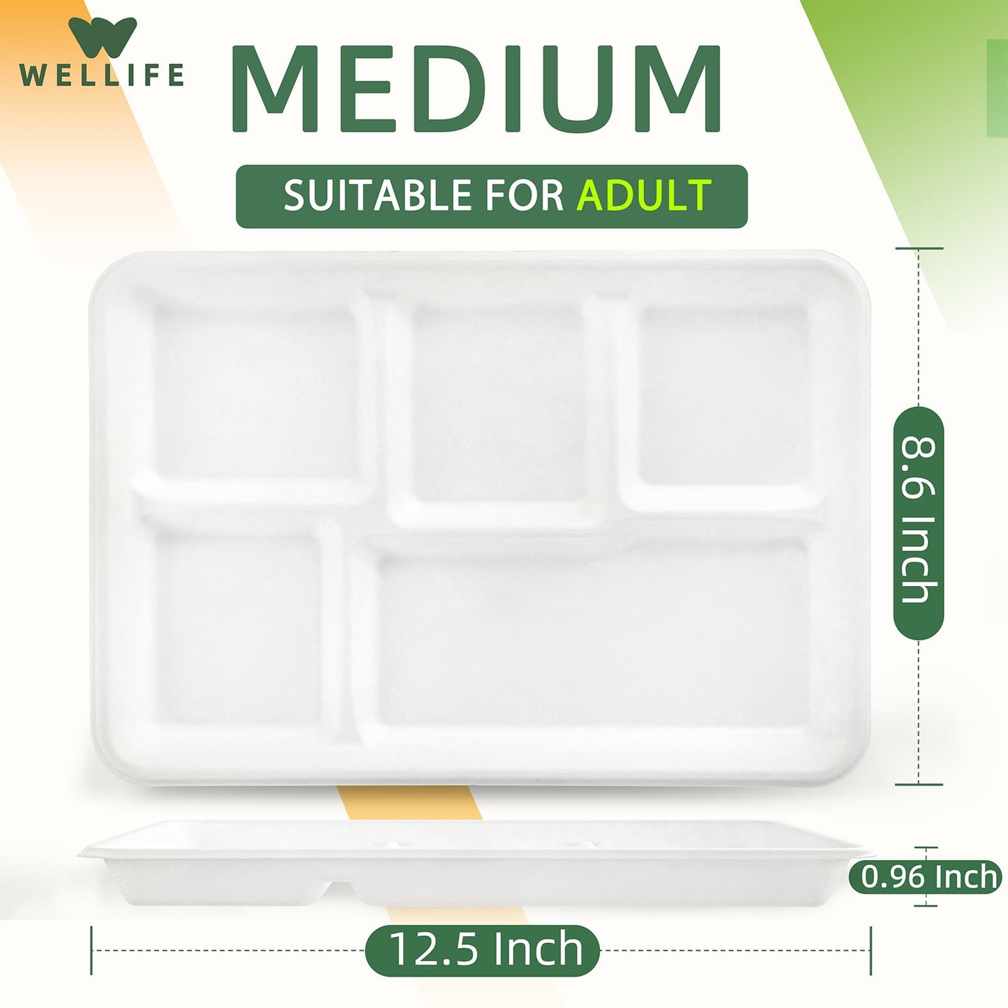 WELLIFE 100% Compostable 5 Compartment Paper Plates, 100 Pack Disposable School Lunch Trays Divided Plates for Adult Youth, 12.5 * 8.6 inch Heavy Duty Eco-Friendly Bagasse Plate for Buffet and Party