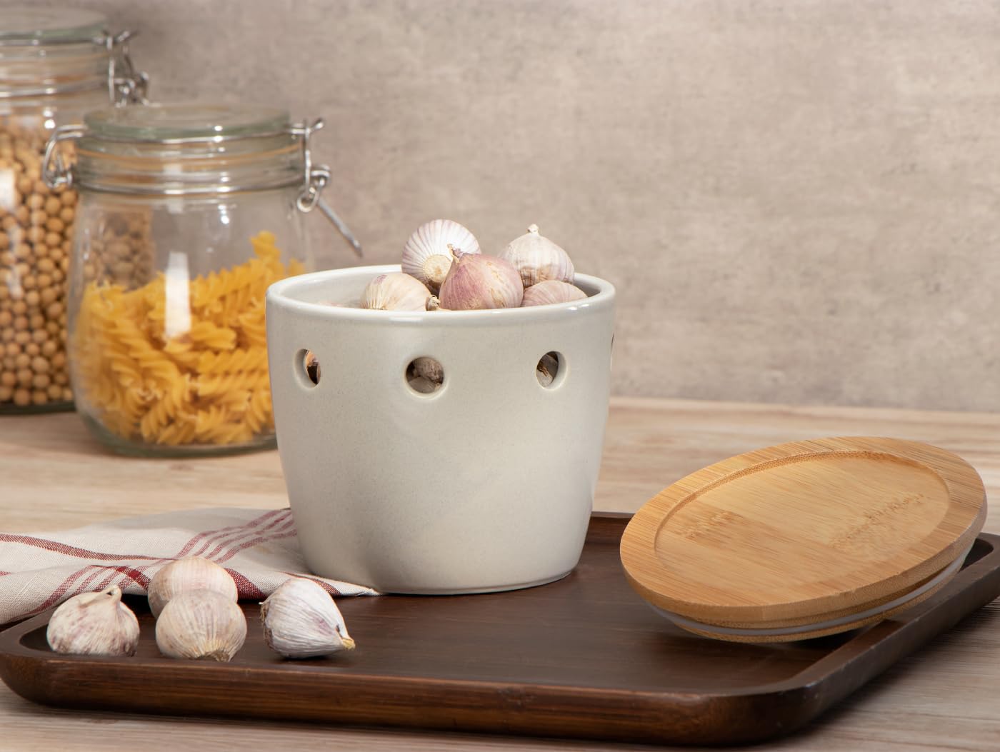ONEMORE Large Garlic Keeper with Lid, Ceramic Garlic Saver 5 inch, Garlic Keeper for Counter, Gray