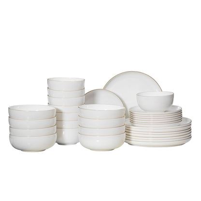 Perlaceo Luxurious Collection of 32-Piece White with Gold Rim Bone China Dinnerware Set - Lightweight and Durable - Service for 8, Including Dinner Plates, Salad Plates, and Cereal or Soup Bowls