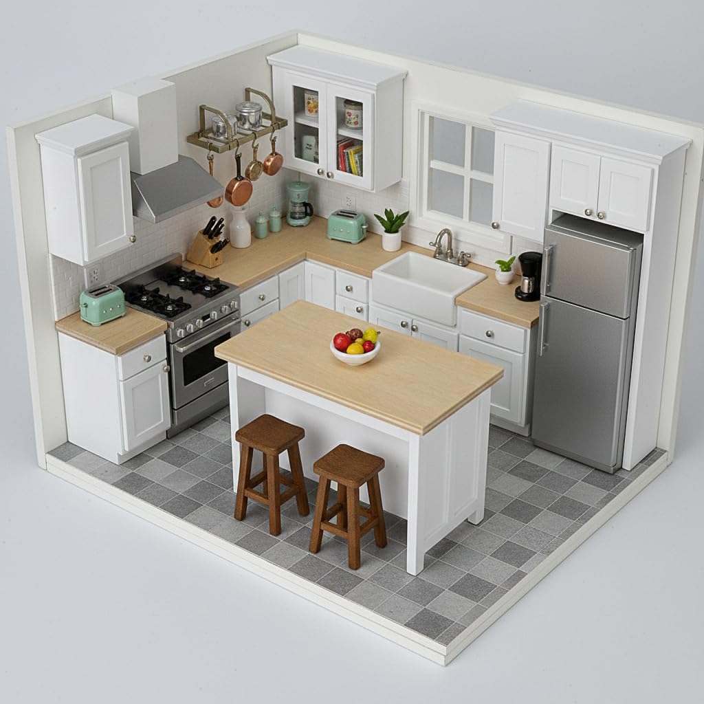 Miniature Dollhouse Kitchen Island, 1/12 Scale Wood Dining Table with Storage Shelves, Modern Furniture Accessories, Rectangular Mini Counter Shelving for Restaurant Pub Bar Decoration, White