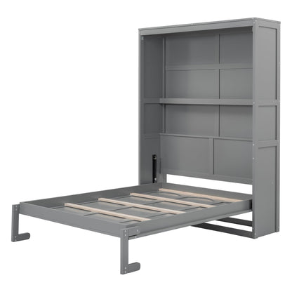 Merax Full Size Wood Modern Murphy Bed, Wall Bed with Shelves, Foldable Platform Bed Folded into Cabinet, Space-Saving Design Bed for Guest Room, Home and Office, Grey