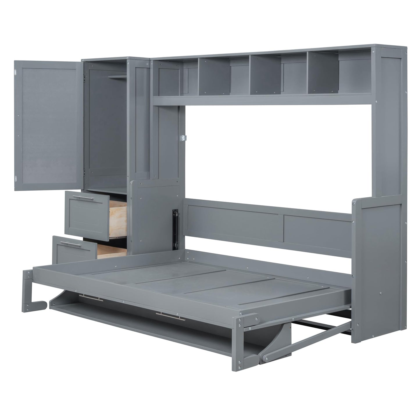 Merax Queen Size Murphy Bed, Wall with Closet and Drawers, Storage Space Saving Muti-Functional Beds Frame for Home Office Guest Room, Gray