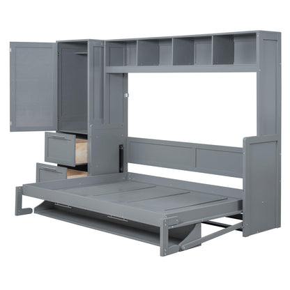 Merax Queen Size Murphy Bed, Wall with Closet and Drawers, Storage Space Saving Muti-Functional Beds Frame for Home Office Guest Room, Gray