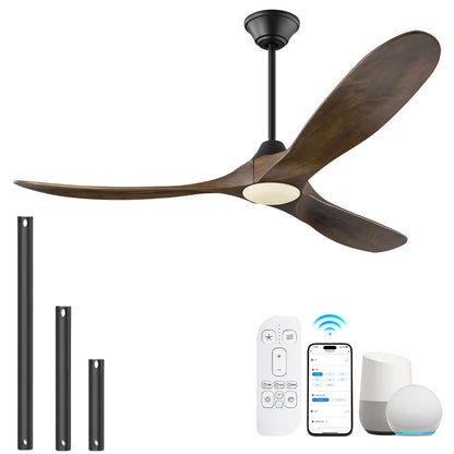 60 Inch Ceiling Fans with Lights, Outdoor Ceiling Fans for Patios with Light Damp Rated, 3 Blades Wood DC Ceiling Fan Modern Large Airflow Commercial Ceiling Fan with Remote & APP for Exterior Indoor