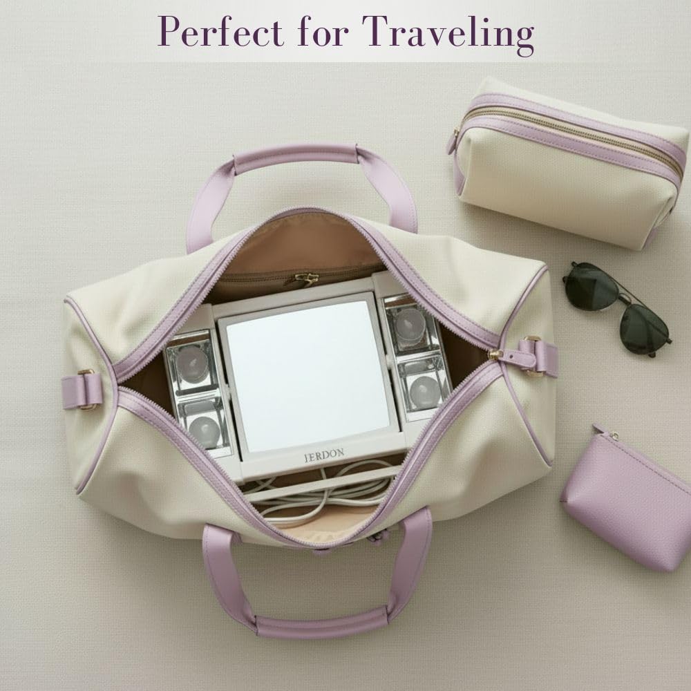 JERDON Two-Sided Makeup Mirror with Lights - Vanity Mirror with 3X Magnification & Glare-Free Lighting - White Base - Model J1010