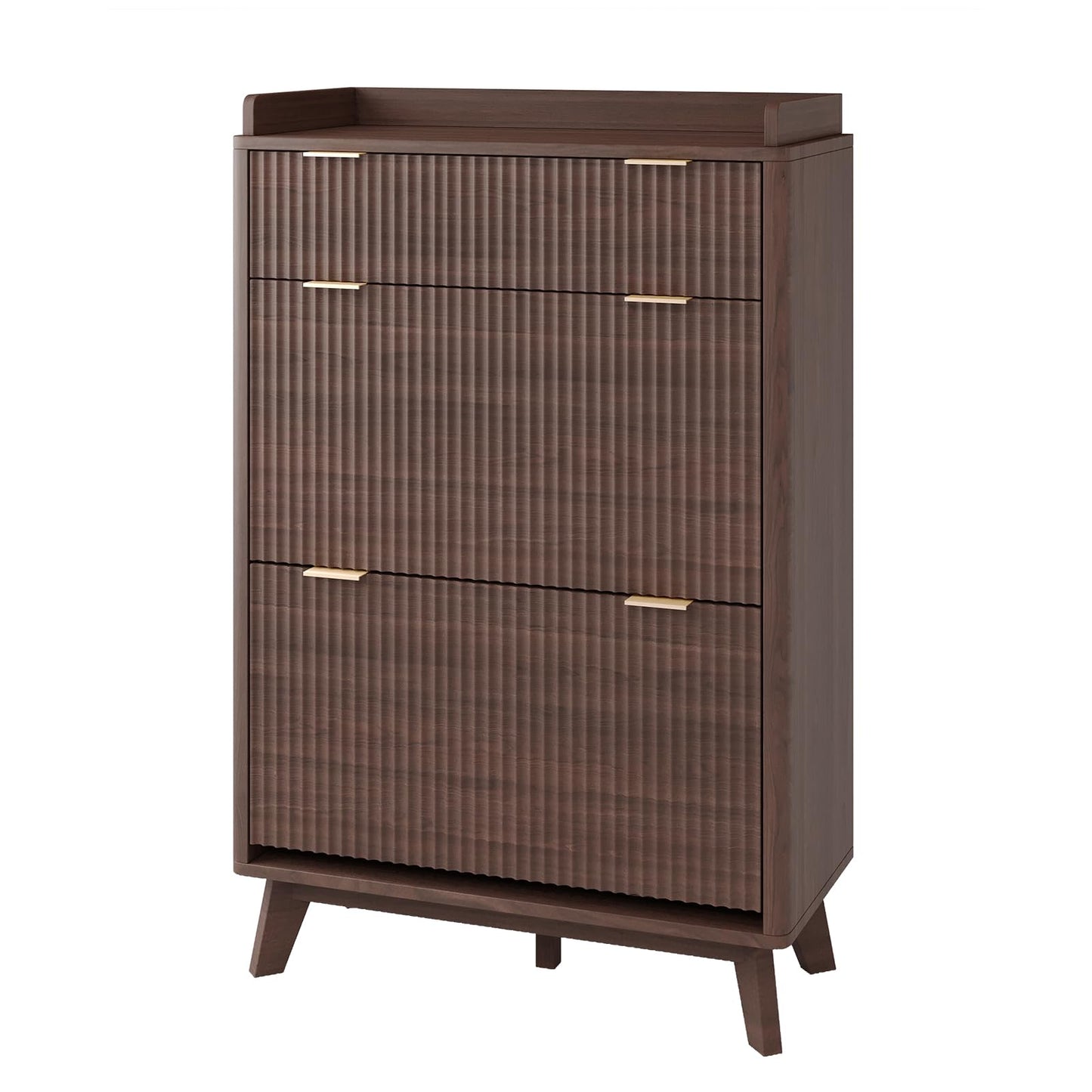 GarveeHome Modern Fluted Shoe Cabinet for Entryway, 48" Tall Narrow Wooden Shoe Rack Organizer with Storage Drawer, 2 Flip Drawers & Adjustable Shelves for Apartment Living Room