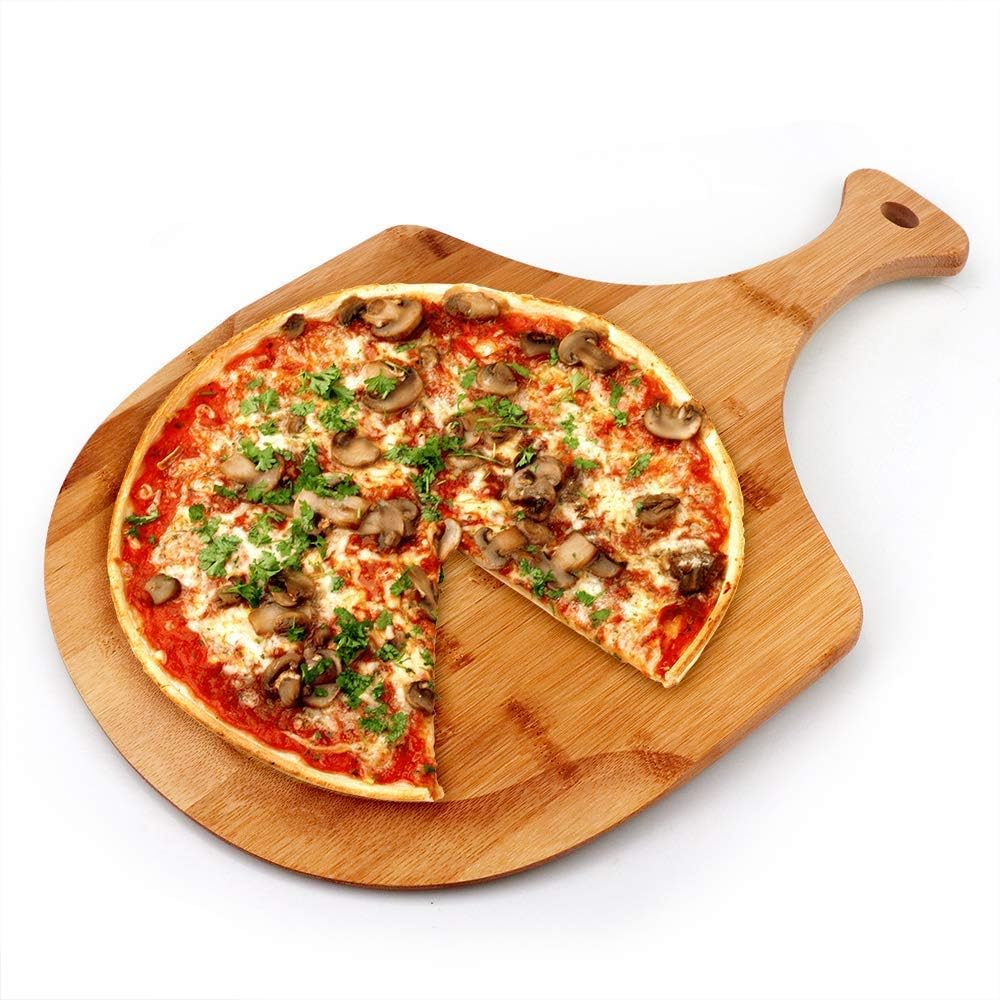 Bamboo Pizza Peel & Serving Board - 12" x 18" Multi-Functional Charcuterie Tray, Cutting Board for Cheese, Fruits, Vegetables - Natural Wood Pizza Paddle with Handle for Kitchen, Entertaining
