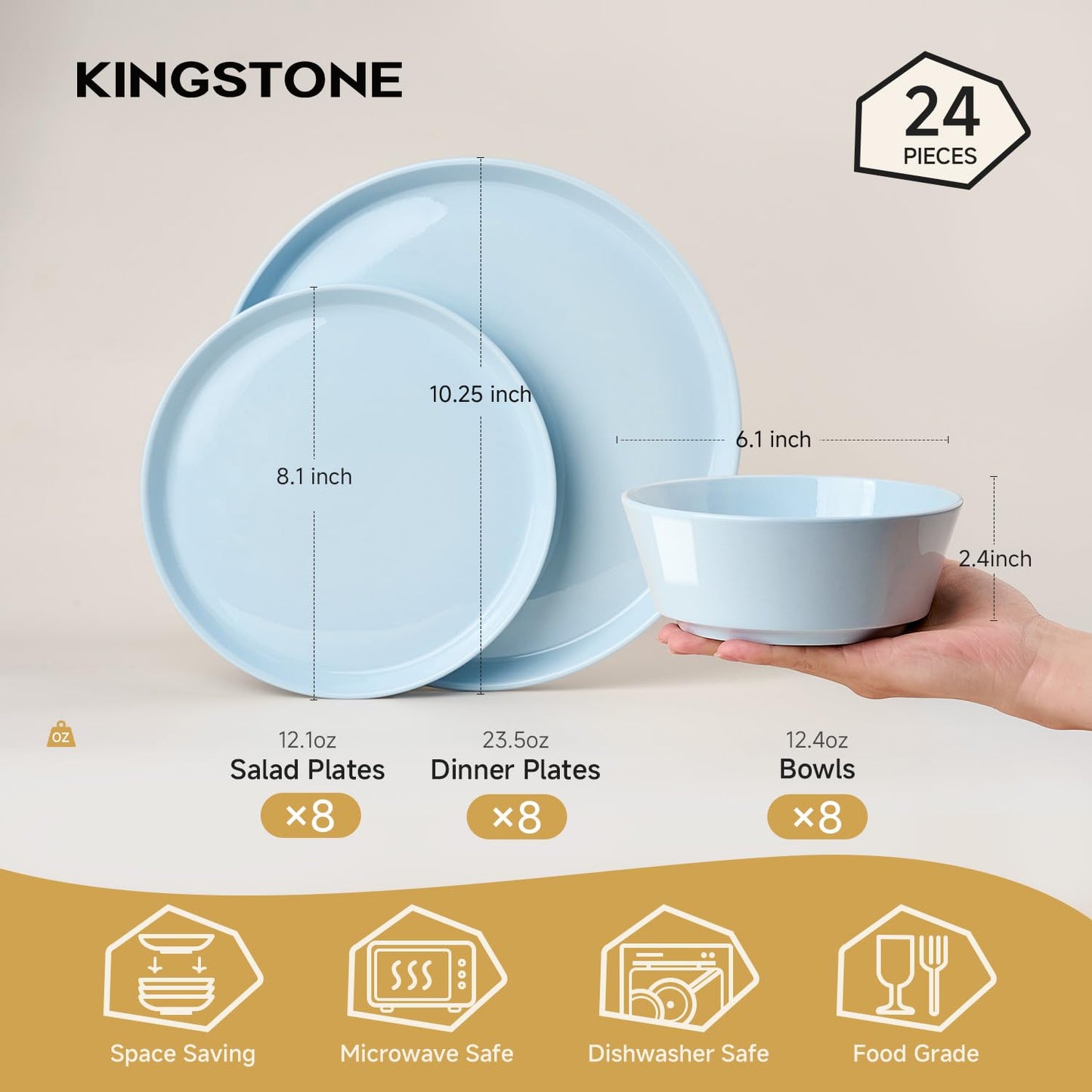 KINGSTONE Bone China Dinnerware Sets for 8, 24-Piece Lightweight Porcelain plates and bowls sets, Scratch Resistant Dish Set, Modern Kitchen Dinner Set, Microwave & Dishwasher Safe, Sky Blue
