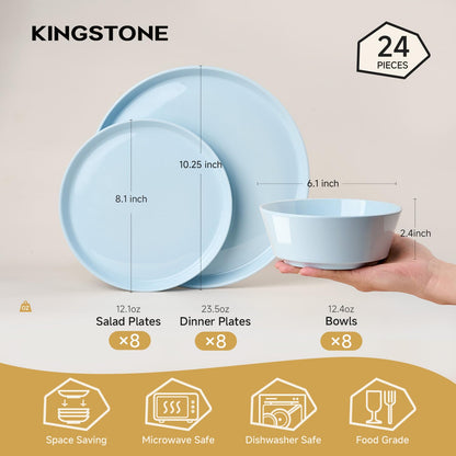 KINGSTONE Bone China Dinnerware Sets for 8, 24-Piece Lightweight Porcelain plates and bowls sets, Scratch Resistant Dish Set, Modern Kitchen Dinner Set, Microwave & Dishwasher Safe, Sky Blue