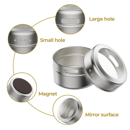 Vetacsion Set of 16 Magnetic Spice Tins with 4 Metal Wall-Plates,100 Preprinted Seasoning Label Stickers,2 Styles for 3 oz Herb Jars