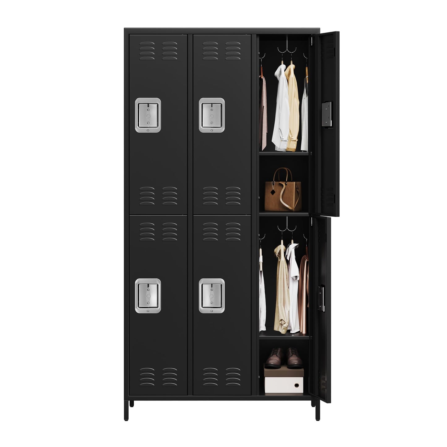PioneerWorks 6-Door Metal Storage Locker with 18 Hooks, Heavy Duty Steel Locker for Gym, School, Office, Garage, Employee Locker Room, Home Organization, Black, Assembly Required