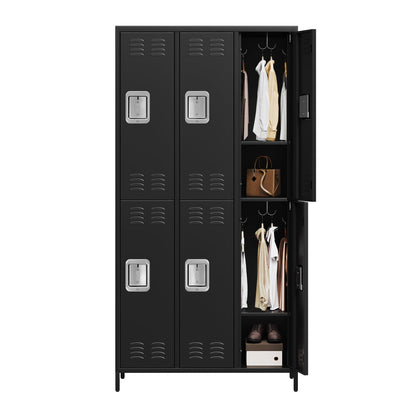 PioneerWorks 6-Door Metal Storage Locker with 18 Hooks, Heavy Duty Steel Locker for Gym, School, Office, Garage, Employee Locker Room, Home Organization, Black, Assembly Required