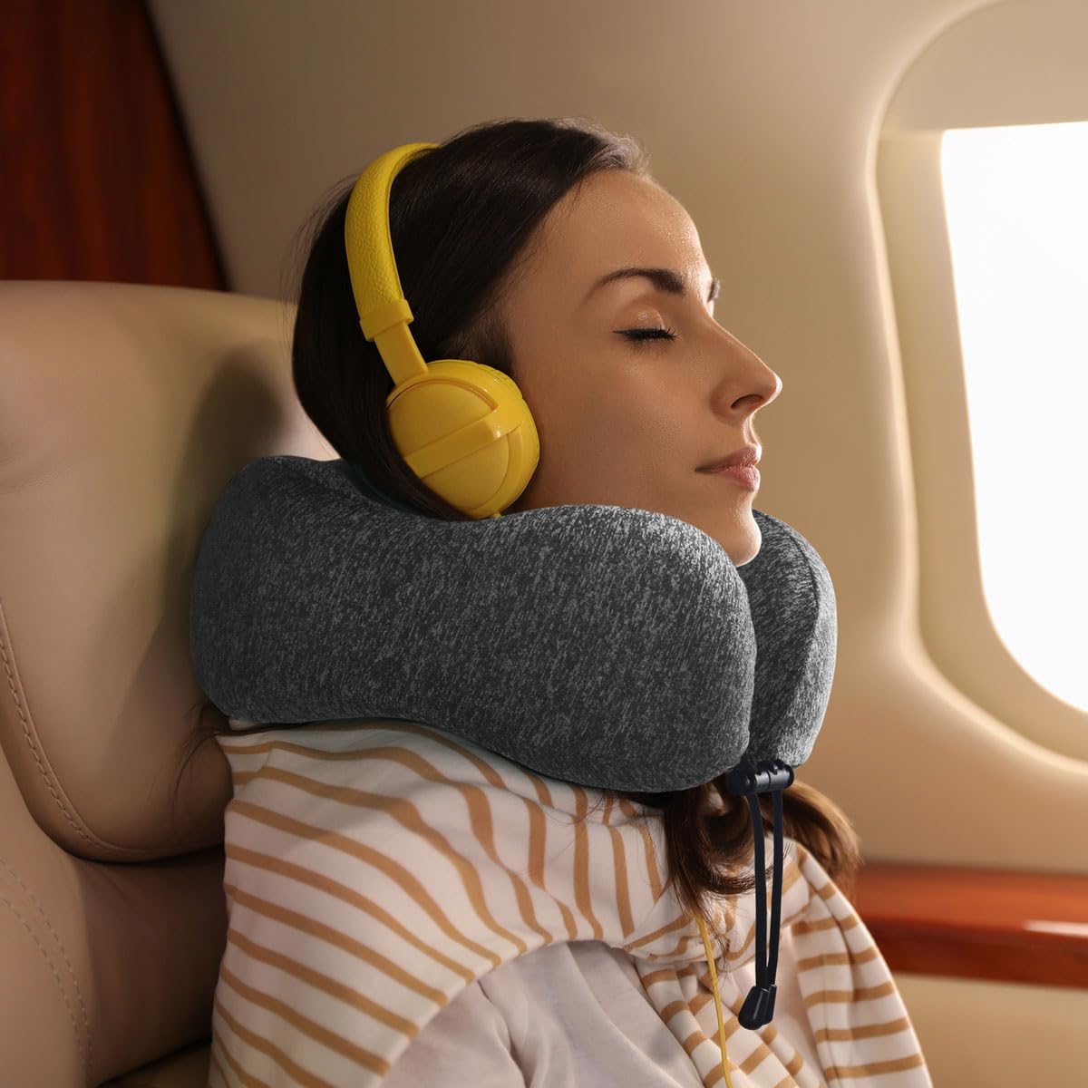 napfun Neck Pillow for Traveling, Upgraded Travel Neck Pillow for Airplane 100% Pure Memory Foam Travel Pillow for Flight Headrest Sleep, Portable Plane Accessories, Light Grey