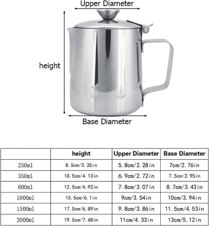 Milk Frothing Pitcher - Stainless Steel Coffee Cup Mug with Lid and Handle for Latte Art, Silver (1500ML)