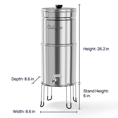 Culligan MaxClear 2.25 Gallon Gravity Water Filter System, Polished Stainless-Steel Countertop Water Filter NSF/ANSI Certified to Reduce Microplastics, Lead & Total PFAS, with 2 Ceramic Filter