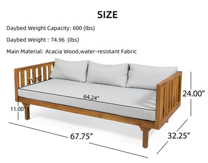 Merax Solid Acacia Wood Couch Chaise Lounge Chair Indoor, 3 Seater Daybed Sofa Couches with Cushions & Pillow, Heavy Frame Day Bed for Living Room, Office, Outdoor, Balcony, Patio, Water Resistant
