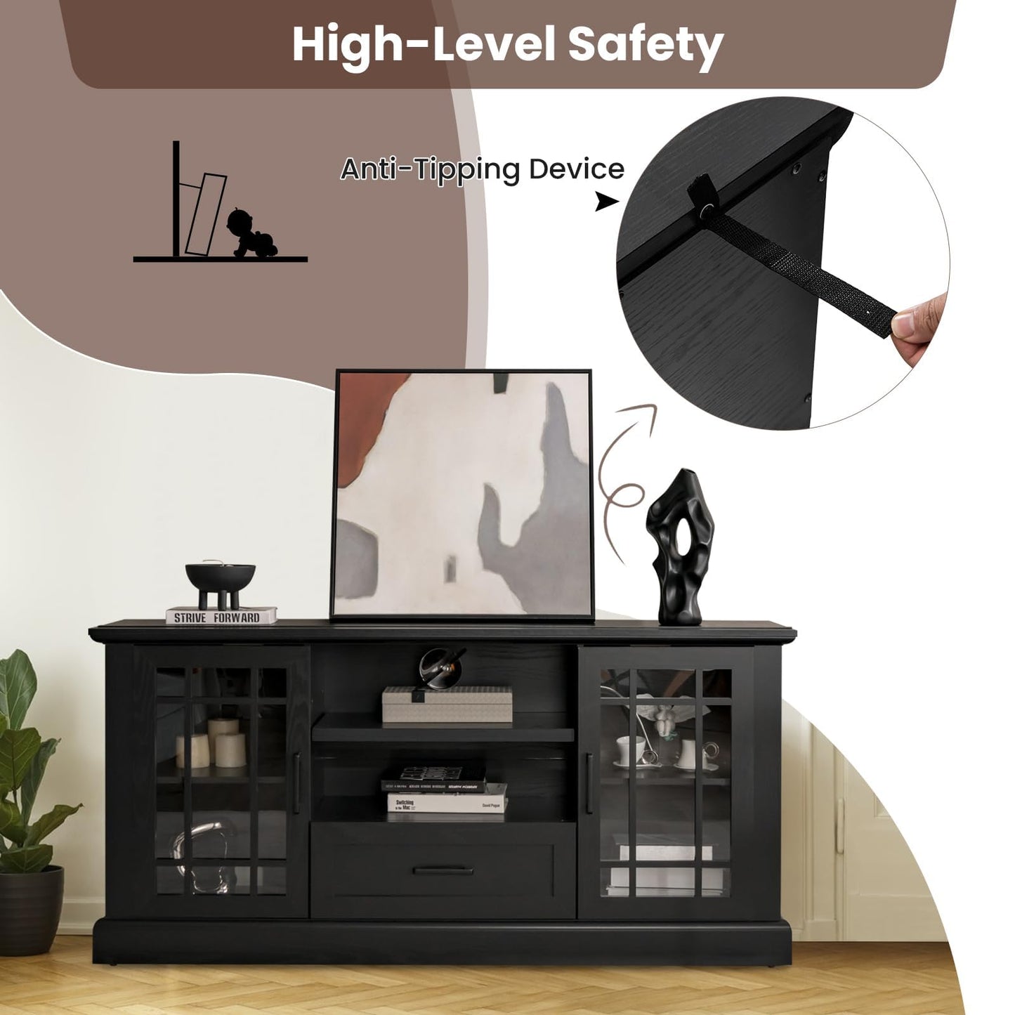 LDAILY 63" Farmhouse TV Cabinet, TV Console Table w/ 2 Side Cabinets & Drawer & Cable Management Holes, Modern TV Stand for TVs up to 70", Entertainment Center for Living Room, Bedroom (Black)